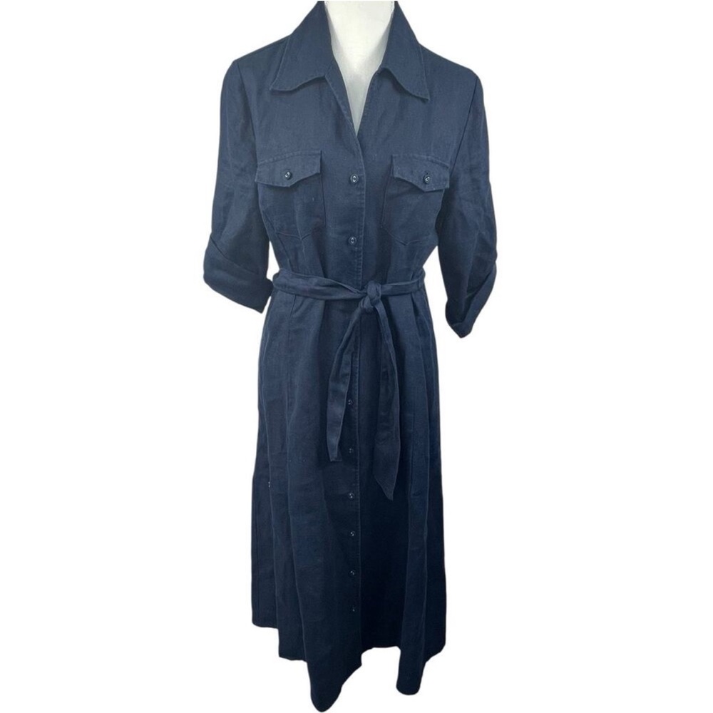 Charter Club Linen Belted Button Down Shirt Dress Navy